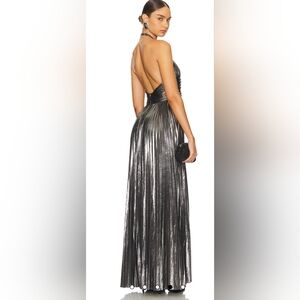 Retrofete Gunmetal Metallic Pleated Halter Gown